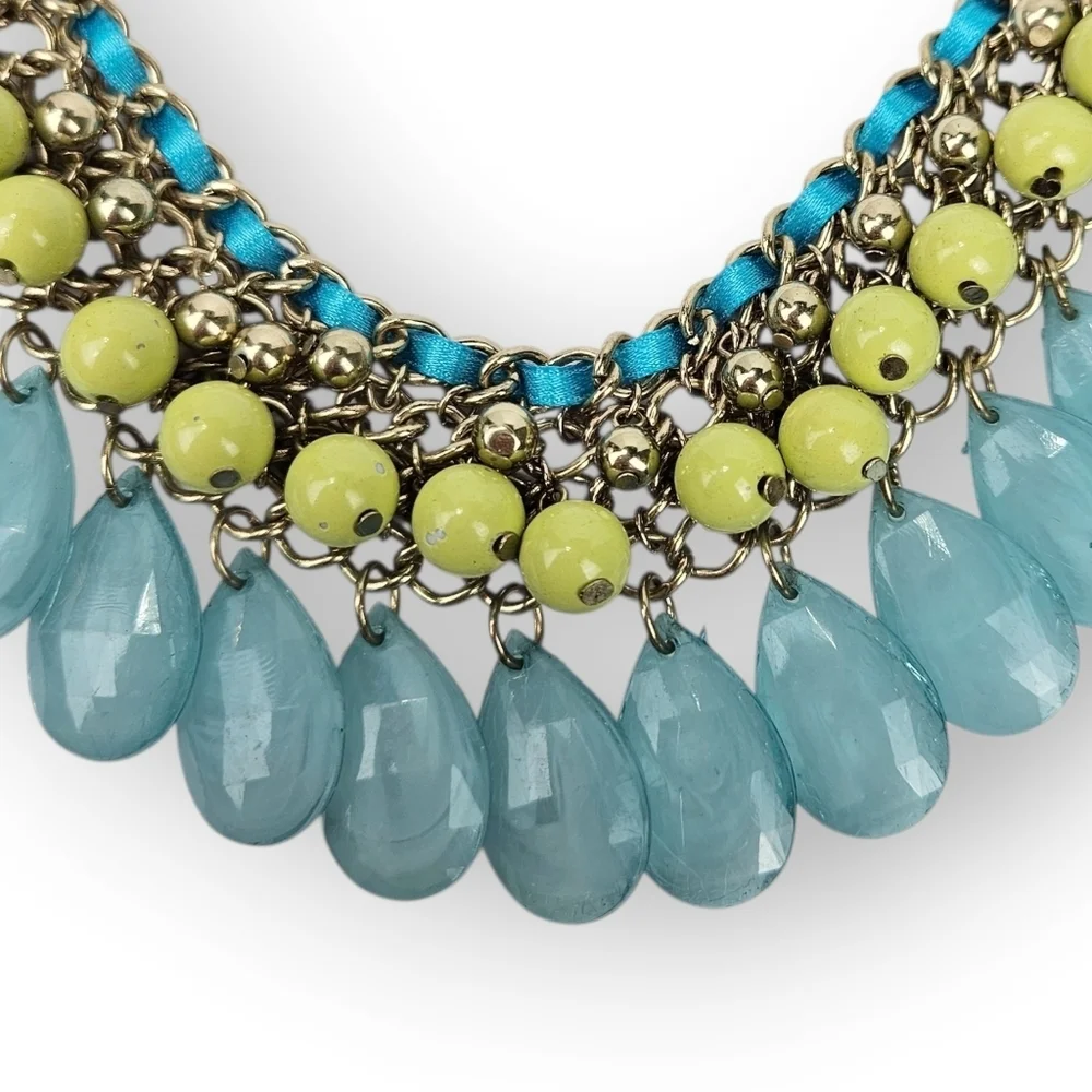 RJ Graziano Statement Chain Necklace Faux Turquoise Bib Green Blue Gold Tone 18